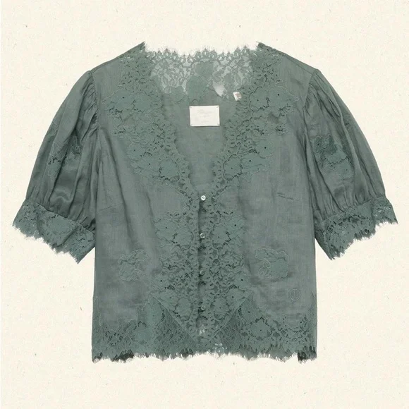NWT Doen Idella Ramie Lace V Neck Button Short Sleeve Blouse Top Lagoon Blue - Picture 13 of 14